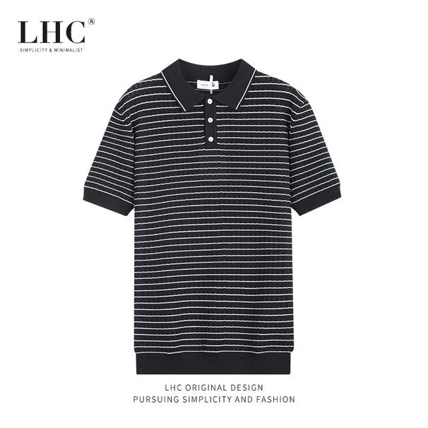 Men's Clothing Ice Silk Knitted High End Men's Polo Shirt Trendy Summer Lapel Striped Paul Business Men's Short Sleeved T Shirt_viptrois.com