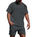 Men's Corduroy Casual Crew Neck Shorts Set Solid Color T-Shirt And Shorts Sporty Running Training Outfit_viptrois.com