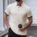 Men's Clothing Summer Textured Men's Shirt Color Blocked Pullover Button Down Knit Short Sleeved Top Apricot White_viptrois.com