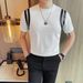 Men's Clothing Summer Short Sleeved T Shirt Slim Fashion Round Neck Versatile Casual Personality Patchwork Leather T Shirt Top_viptrois.com