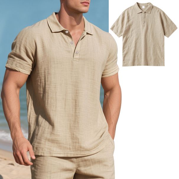Men's Summer Linen Polo Shirt Breathable Sports Casual Short Sleeved Collared Button Up Set Shorts_viptrois.com