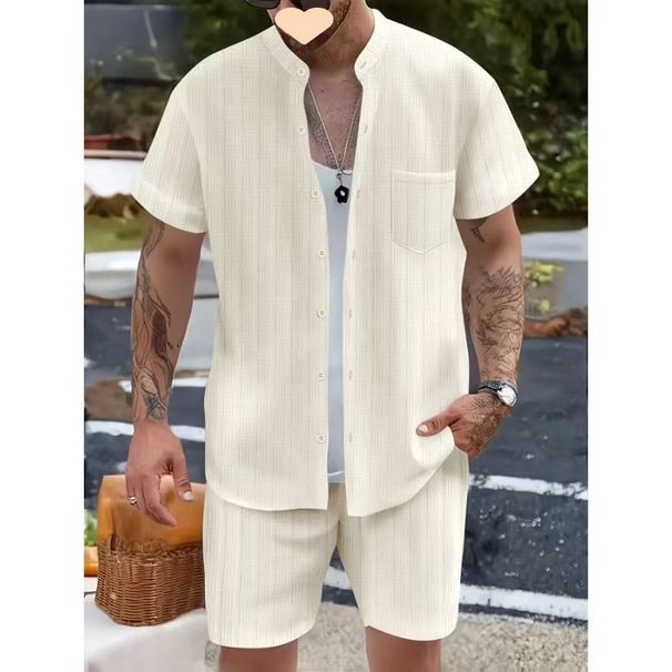 2025d New Summer Men's Shirt Casual Henley Collar Pocket Short Sleeve Shorts Beach Set_viptrois.com