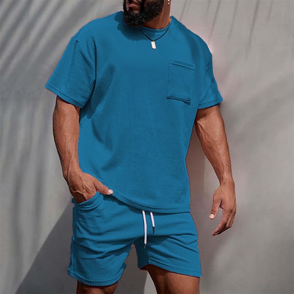 Men's Corduroy Casual Crew Neck Shorts Set Solid Color T-Shirt And Shorts Sporty Running Training Outfit_viptrois.com