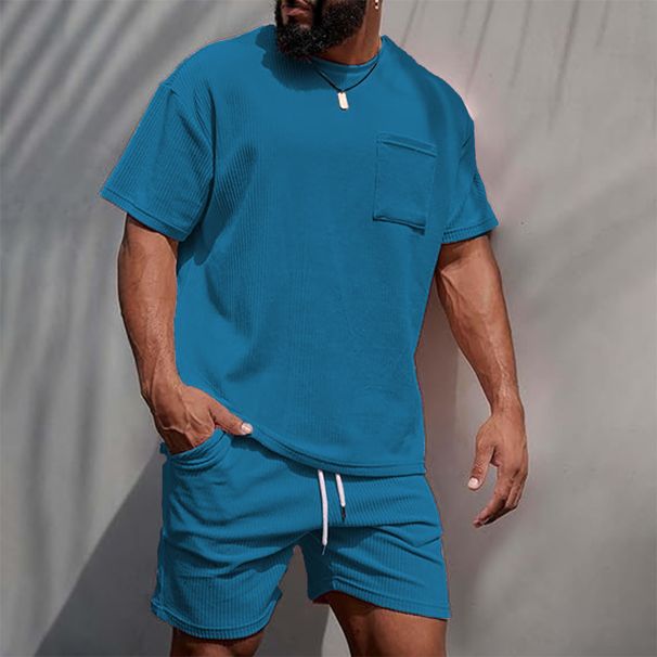 Men's Corduroy Casual Crew Neck Shorts Set Solid Color T-Shirt And Shorts Sporty Running Training Outfit_viptrois.com