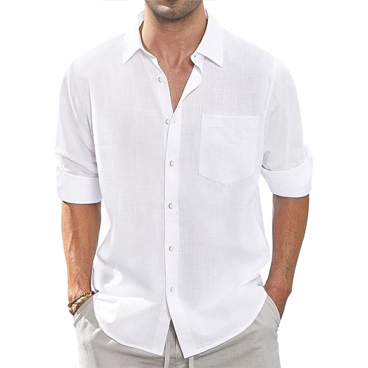 Men's Clothing Foreign Trade Cotton And Linen Shirt Thin Lapel Tie Pocket Linen Long Sleeved Shirt Men_viptrois.com