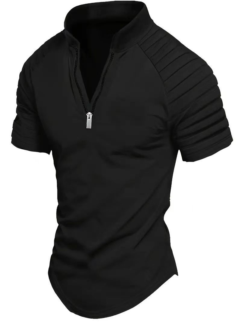 Men's Clothing Casual Short Sleeved Shirt Zipper Pleated Shirt_viptrois.com