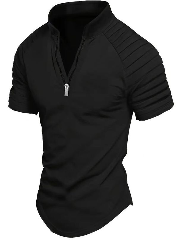 Men's Clothing Casual Short Sleeved Shirt Zipper Pleated Shirt_viptrois.com