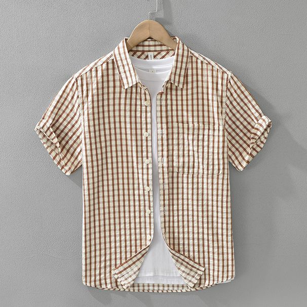 Retro Checkered Short Sleeved Shirt For Men, Fashionable And Versatile, Artistic And Casual Loose Top_viptrois.com