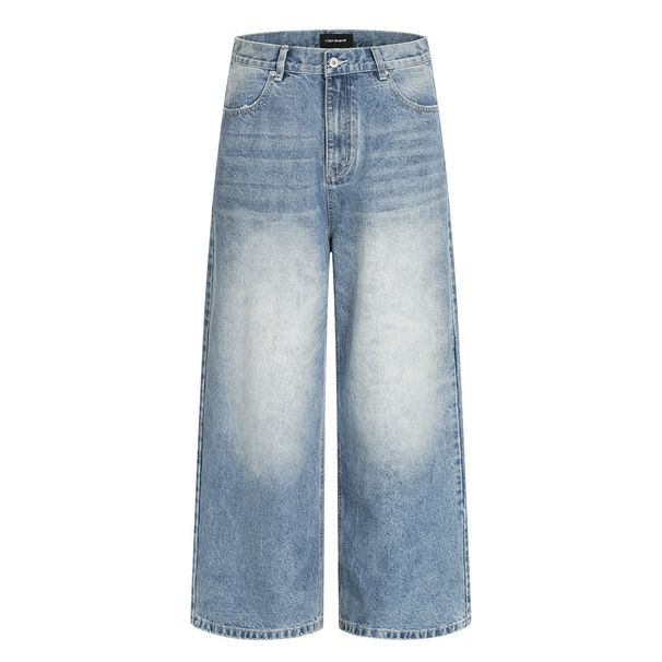 Punk Vintage Loose Wide-Leg Jeans For Men Adjustable Buckle Handmade Distressed Washed Straight Pants Trendy_viptrois.com