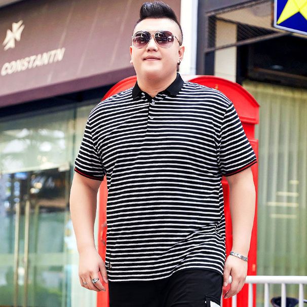 Men's Clothing summer plus size short-sleeved T-shirt fat guy half-sleeved striped T-shirt fat man top 195_viptrois.com