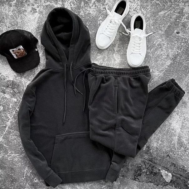Men's Clothing New Autumn And Winter Hooded Sweatshirt Men's Suit Solid Color Sports Casual All Match Two Piece Suit_viptrois.com