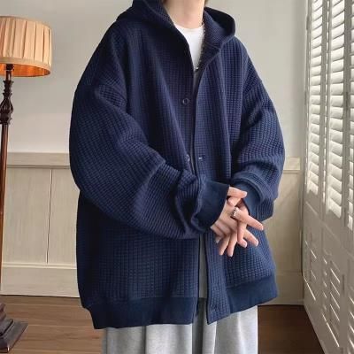 Autumn Corduroy Solid Color Loose Jacket Trendy Men's Waffle Cardigan Hooded Sweatshirt_viptrois.com