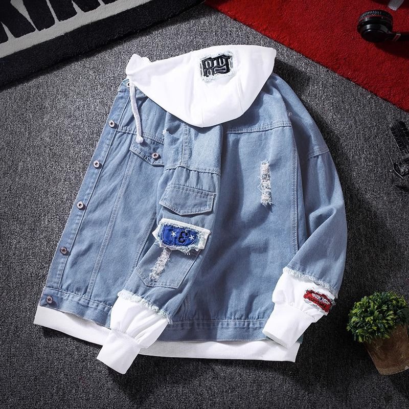 Men's Clothing Hooded Denim Jacket For Men Trendy Casual All Match Tops Spring And Autumn Couple Fake Two Piece Jacket_viptrois.com