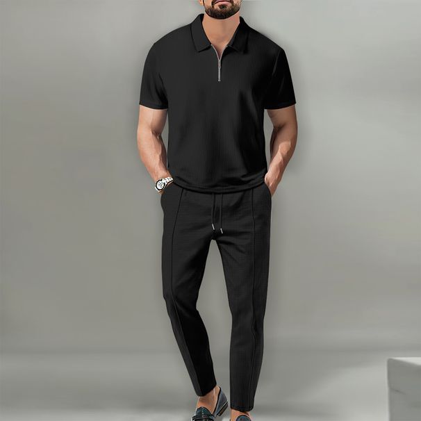 Men's Clothing Summer New Men's Waffle Casual Lapel Short Sleeved Zipper Suit Fashion Solid Color Suit_viptrois.com