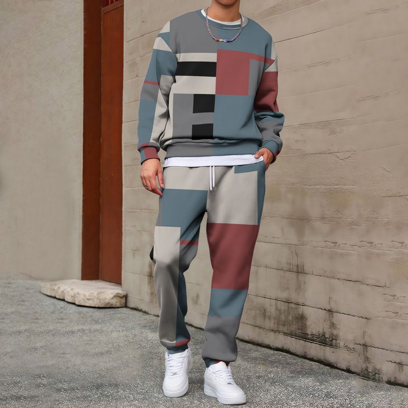 Men's Geometric Print Hoodie & Jogger Set - Trendy Casual Athletic Wear For Fall & Spring | Comfortable Polyester Blend | S-3XL_viptrois.com