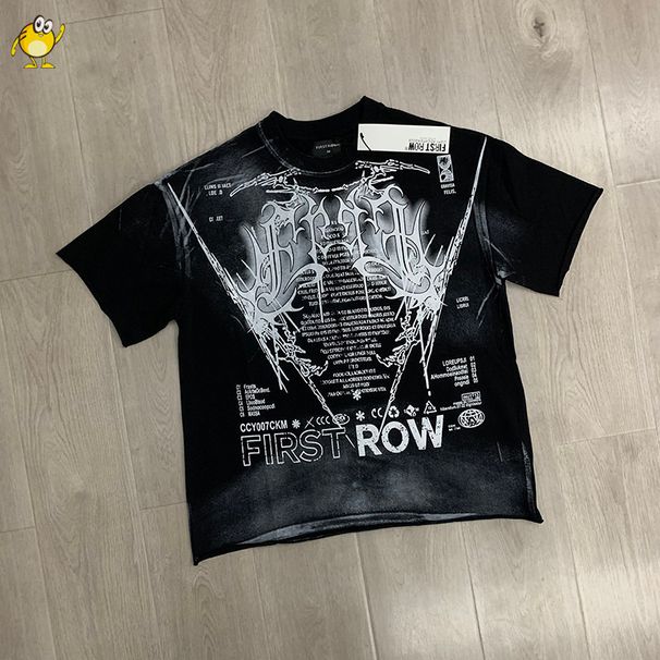 Camiseta De Manga Corta FIRST ROW Blanca De Algodón Lavado Estilo Urbano Vintage Para Hombre Y Mujer, De Buena Calidad, Moda Hip Hop_viptrois.com