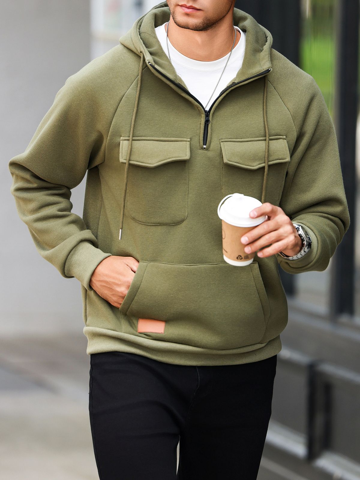 Men's Casual Half-Zip Hooded Sweatshirt - Military Green Relaxed Fit With Multiple Pockets (S-XXL, Polyester Knit, Unisex Pullover For Everyday Wear)_viptrois.com