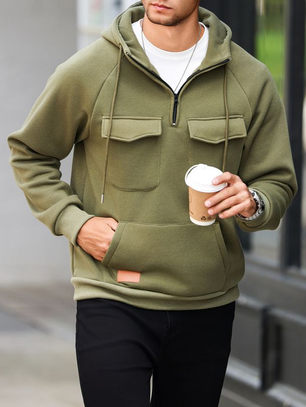 Men's Casual Half-Zip Hooded Sweatshirt - Military Green Relaxed Fit With Multiple Pockets (S-XXL, Polyester Knit, Unisex Pullover For Everyday Wear)_viptrois.com