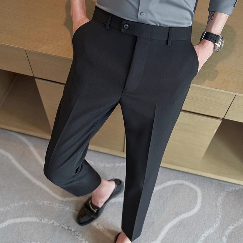 Men's Clothing White Drape Anti Wrinkle Ice Silk Cropped Trousers Men's Slim Fit Casual Trousers Trendy Fashion Versatile Trousers_viptrois.com
