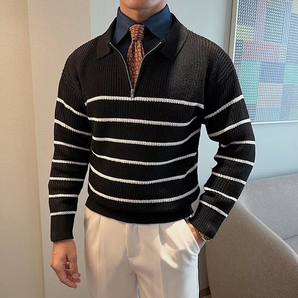 Men's Fashion Knit Sweater – Half-Zip Striped Pullover With Relaxed Fit (M-3XL, Black/Navy)_viptrois.com
