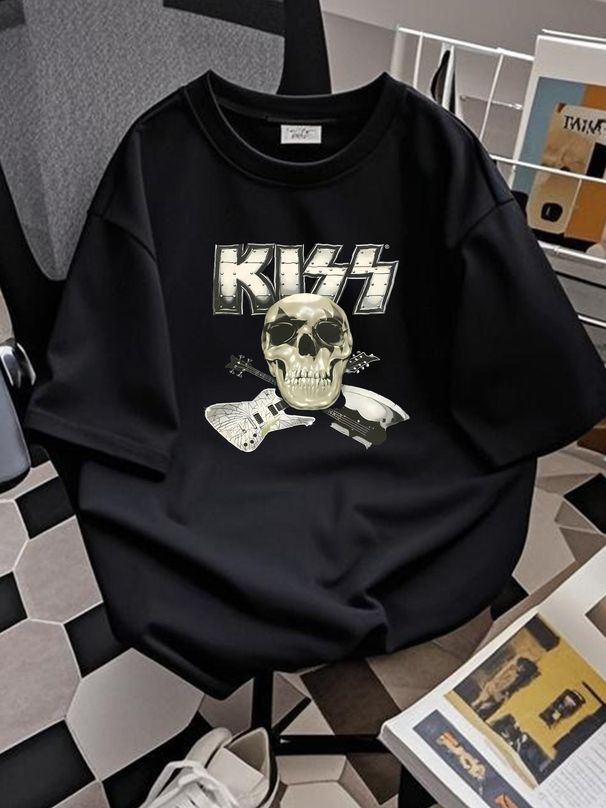 KISS 2012 Tour Blue Skull Guitars Short Sleeve Crew Neck Alstyle T-Shirt Top 2X Stretched Casual Versatile Comfortable Designer Clothes Fashion_viptrois.com