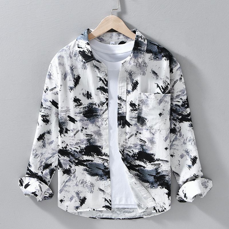 Fresh Printed Long Sleeved Shirt For Men, Fashionable, Casual, Versatile, Artistic, Loose Spring And Autumn Men's Shirt_viptrois.com
