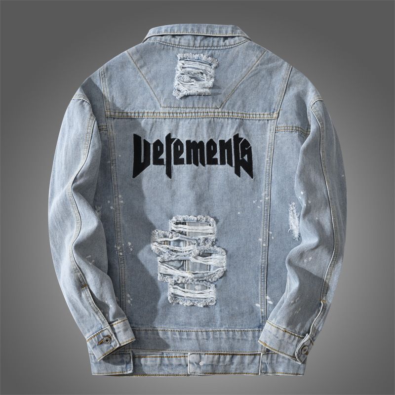Men's Clothes Trend Men's Spring And Autumn Plus-size Light Blue Denim Jacket Drop Shoulder Loose Coat Letter Embroidered Top_viptrois.com