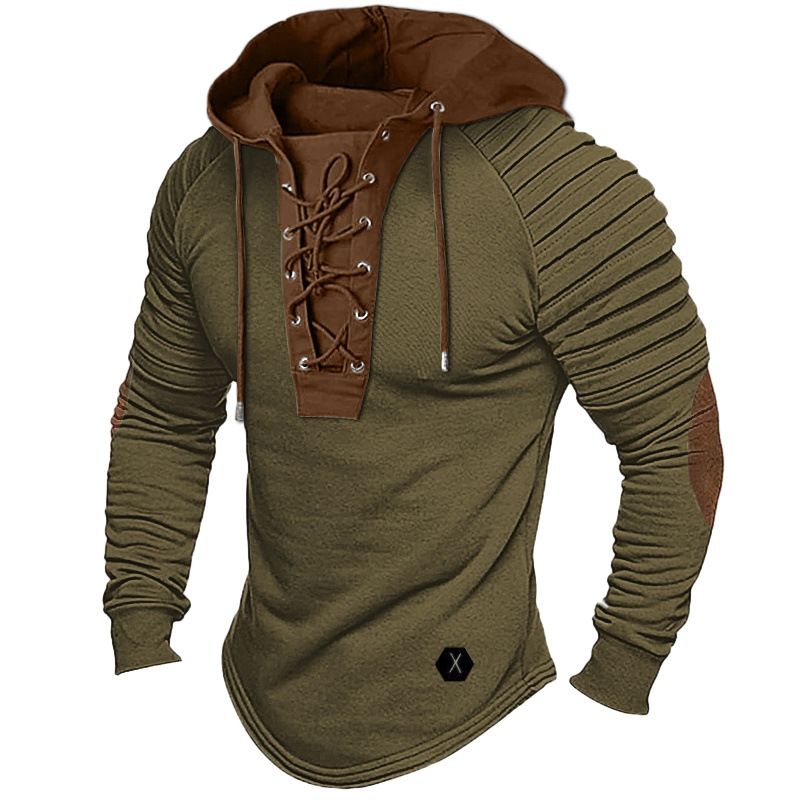 Men's Clothing Solid Color Hoodie Men's T Shirt Top Pleated Hooded Street Long Sleeve Lace Up Basic Style_viptrois.com