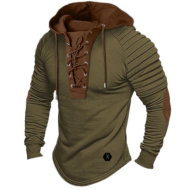 Men's Clothing Solid Color Hoodie Men's T Shirt Top Pleated Hooded Street Long Sleeve Lace Up Basic Style_viptrois.com