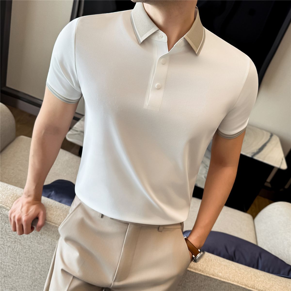 Summer Business Casual Polo Shirt for Men Short Sleeved High End Ice Silk Seamless Collar High Elasticity Top_viptrois.com