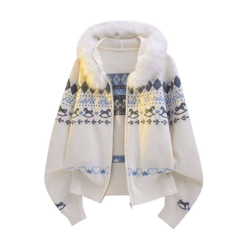 Wool Collar Hooded Cardigan Sweater Jacket For Autumn And Winter New Loose Knit Sweater_viptrois.com