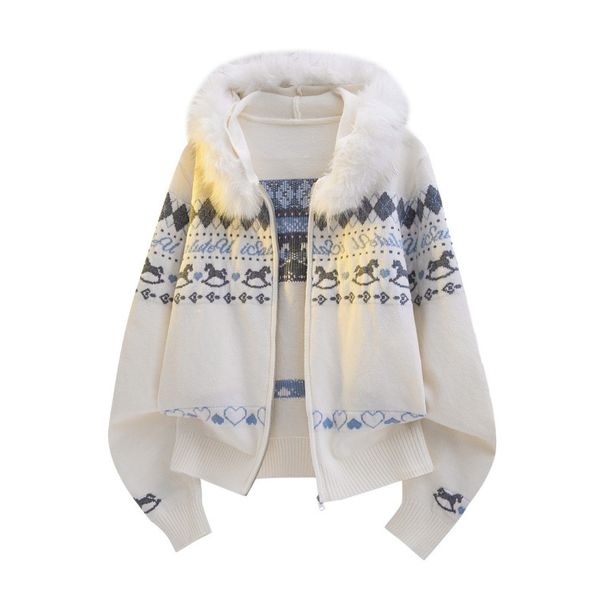 Wool Collar Hooded Cardigan Sweater Jacket For Autumn And Winter New Loose Knit Sweater_viptrois.com