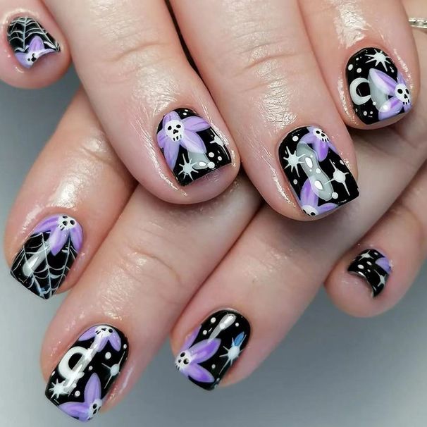Short Glow Face Halloween Nail Art Star Moon Cobweb Thriller Skull Black 20.24 million Holy Day Wear Armor 24 Pieces_viptrois.com