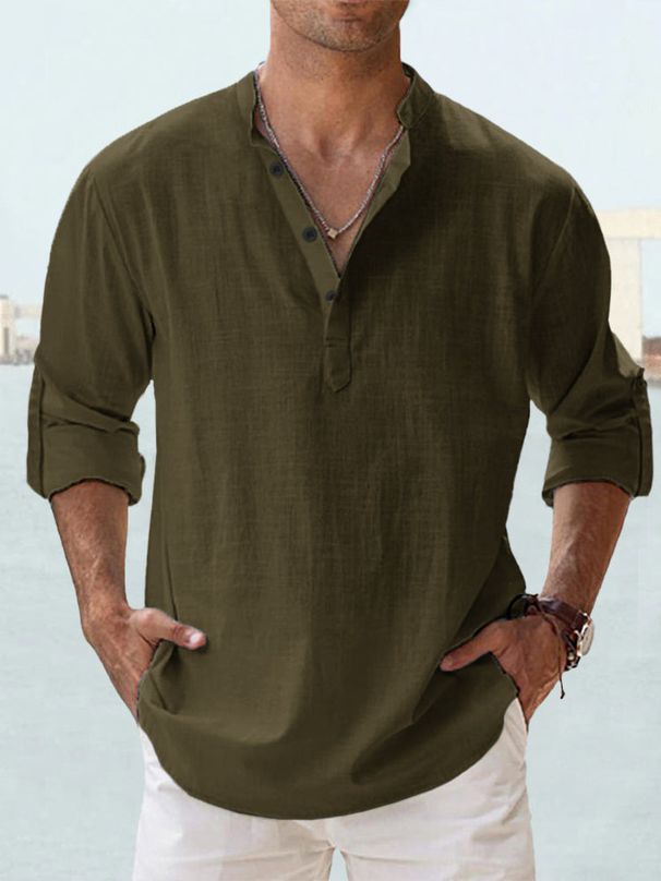 Men's Clothing Linen Stand Up Collar Long Sleeved T Shirt Loose Sweatshirt Solid Color Long Sleeved Cotton And Linen Shirt_viptrois.com