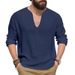 Autumn New American Loose Breathable Linen Casual Men's V Neck Design Large Size Long Sleeved T Shirt_viptrois.com