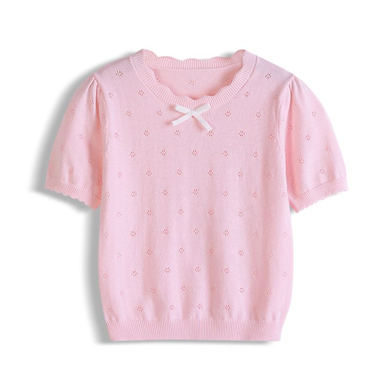 Cross Border A Type Children's Round Neck Hollow Bow Summer Thin Short Sleeved T Shirt Breathable Girls Knitted Tops Wholesale_viptrois.com