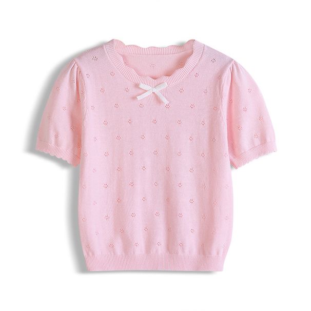 Cross Border A Type Children's Round Neck Hollow Bow Summer Thin Short Sleeved T Shirt Breathable Girls Knitted Tops Wholesale_viptrois.com