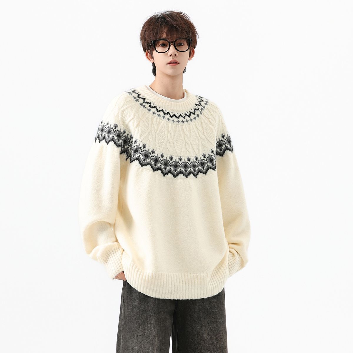 Pure Nordic Fair Isle Cable Knit Pullover For Men Korean Style Lazy Chic Jacquard Round Neck Raglan Sweater_viptrois.com