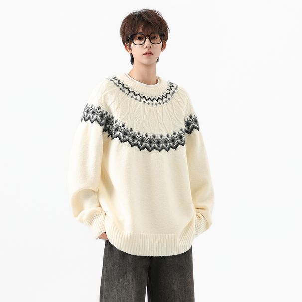 Pure Nordic Fair Isle Cable Knit Pullover For Men Korean Style Lazy Chic Jacquard Round Neck Raglan Sweater_viptrois.com