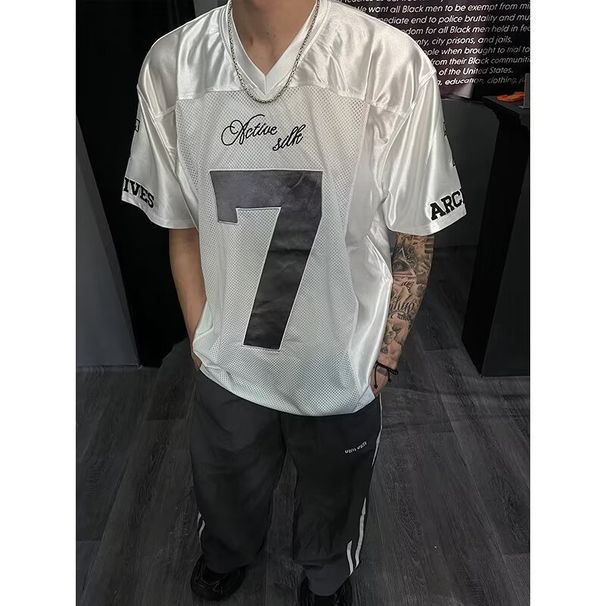 Patchwork Mesh Embroidered Jersey Short-Sleeve T-Shirt For Men And Women, Summer Thin Loose Fit Drop-Shoulder Sports_viptrois.com