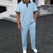 Men's Summer Collection Jacquard Lapel Two-Tone Polo Shirt Short-Sleeved & Long Pants Set European & American Style_viptrois.com