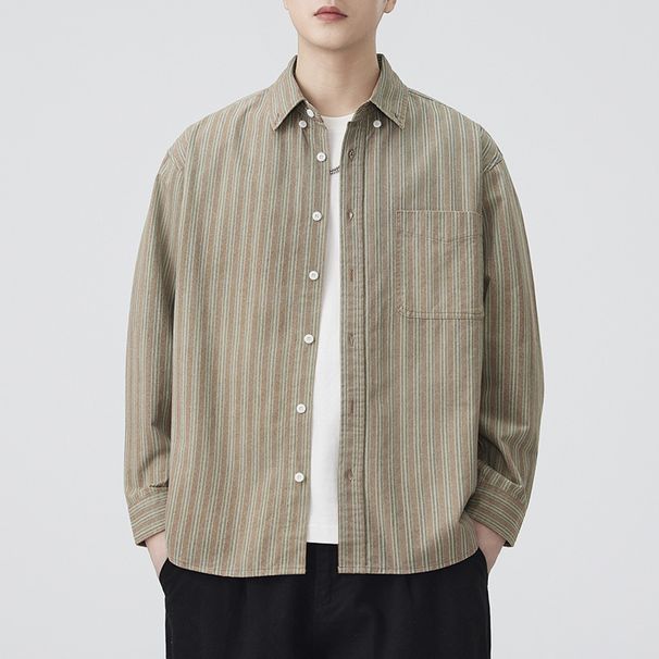 Nordmann 2025 New Autumn Japanese Retro Workwear Men's Versatile Loose Casual Striped American Style Shirt Trend_viptrois.com