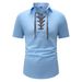Men's Linen Short Sleeve Shirt - Large Size V Neck With Lapel & Tie Detail, Casual Fashion Top For Summer_viptrois.com