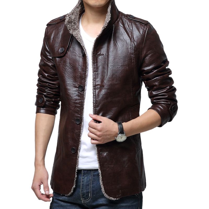 Men's Faux Leather Jacket With Fur Collar – Mid-Length Winter Coat (Black/Khaki/Grey, M-8XL)_viptrois.com