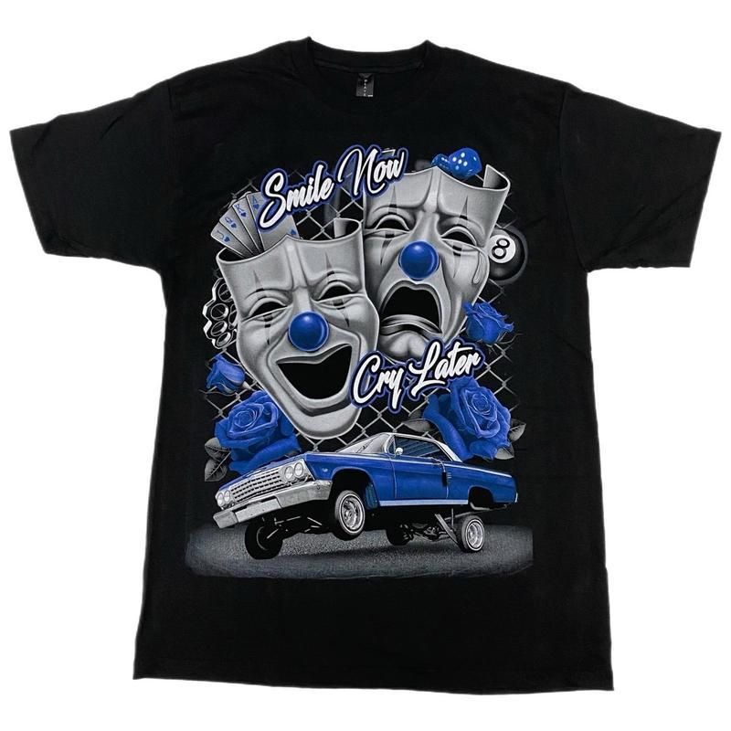 Camiseta Blue Smile Now Cry Later Low Rider Old School Para Hombres, 100% Algodón, Serigrafía, Cuello Redondo, Ropa De_viptrois.com