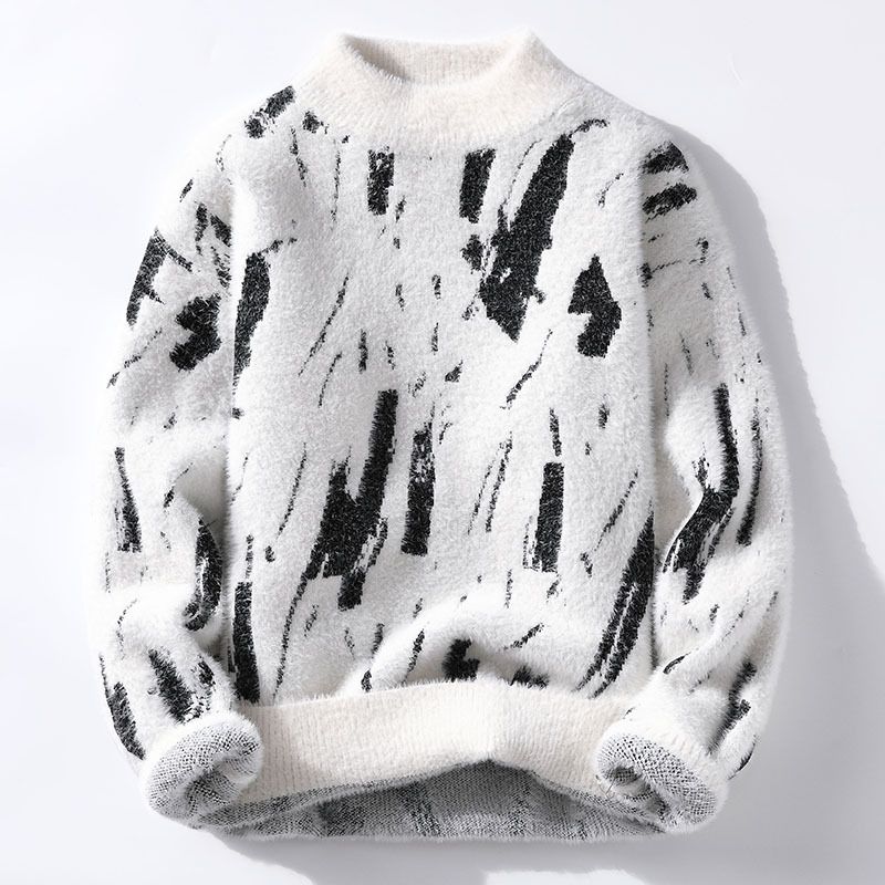 Men's Clothing Men's Fashion Personality Graffiti Half Turtleneck Thickened Sweater, Knitted Sweater Wool_viptrois.com