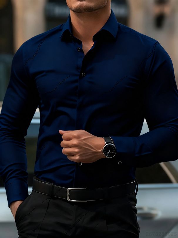 Men's Long Sleeve Casual Business Shirt, Creative Line Print, Fitted, Versatile For Daily Work, XS-6XL_viptrois.com