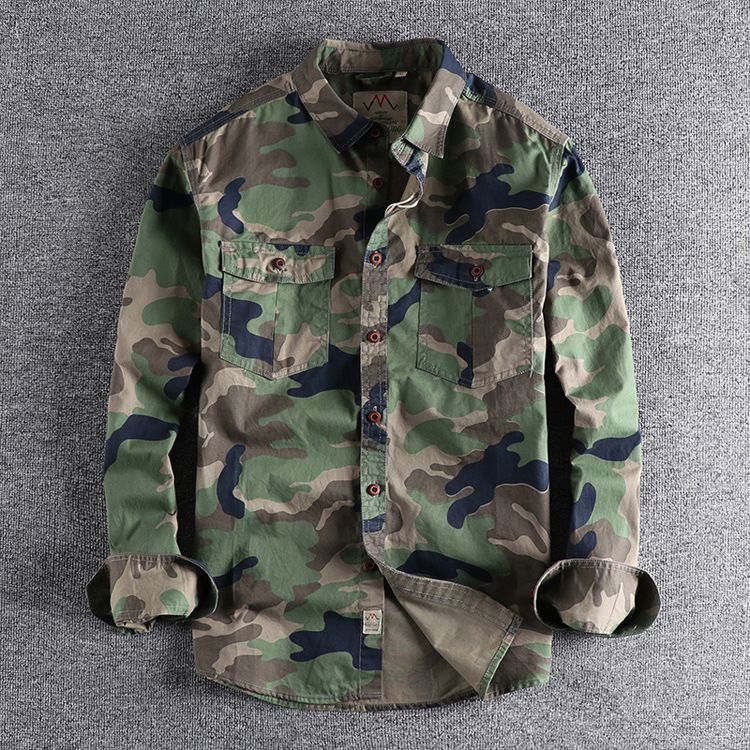 Vintage Washed Camo Workwear Shirt – Military-Inspired Utility Top With Double Chest Pockets_viptrois.com