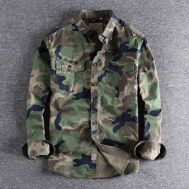 Vintage Washed Camo Workwear Shirt – Military-Inspired Utility Top With Double Chest Pockets_viptrois.com