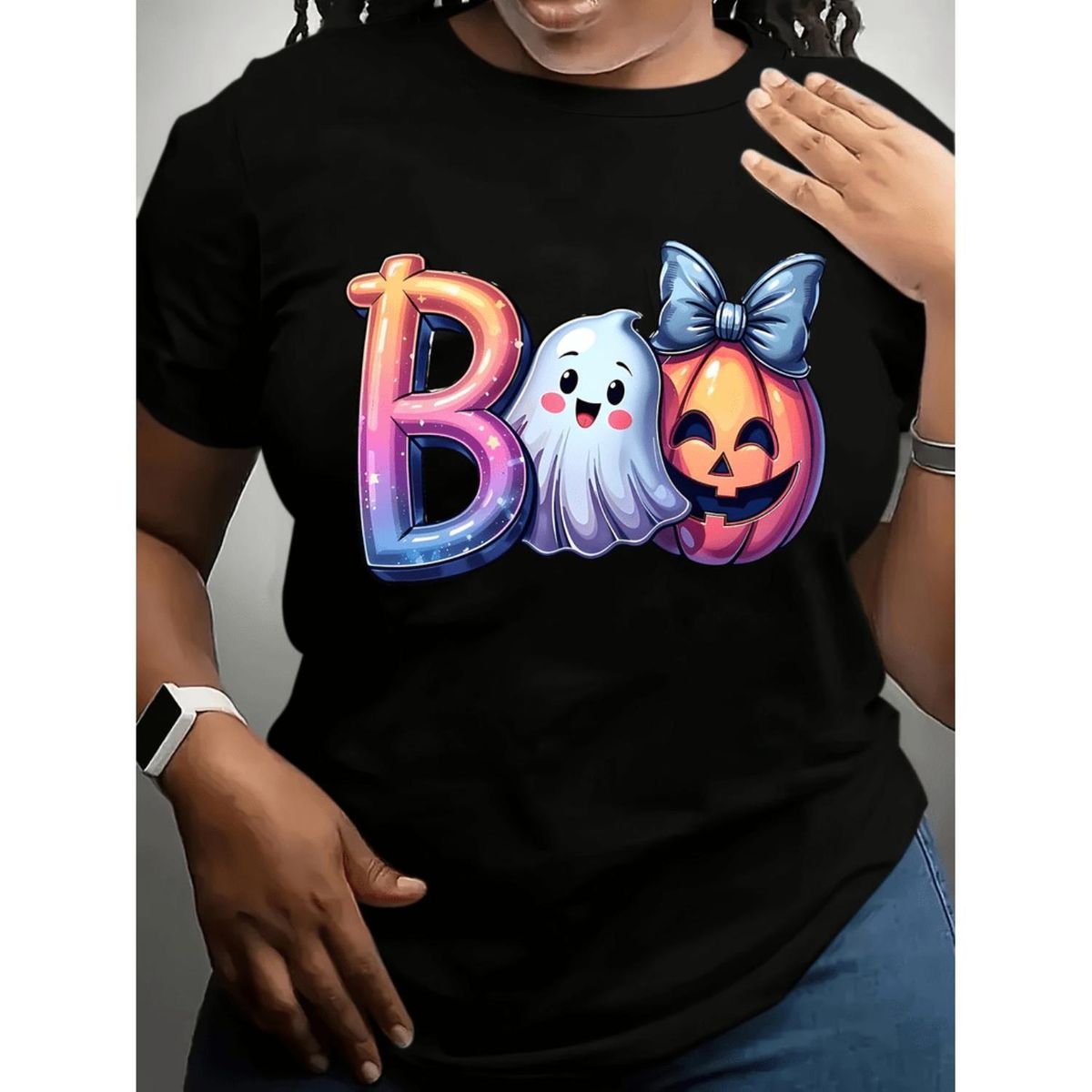 Camiseta Gráfica Casual Halloween Mujeres Talla Grande Con Diseño Boo, Fantasmas Y Calabazas, Ideal Para Celebraciones_viptrois.com